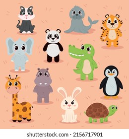 cute animals icons set vector layout