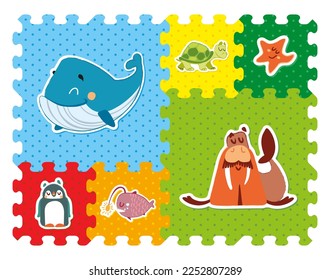 Cute animals illustration with 6 pieces puzzle mat design