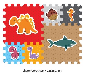 Cute animals illustration with 6 pieces puzzle mat design