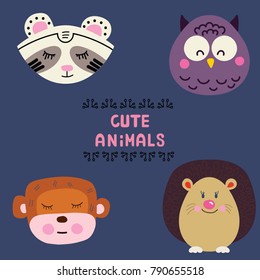 Cute animals illustration. Raccoon, owl, monkey, hedgehog. Vector cartoon character illustration.Design for child card,t-shirt