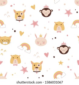 Cute animals illustration seamless pattern.
