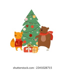 Cute animals illustration in vector. Composition with bear and fox stand next to the Christmas tree and gifts. Template for New Year cards scrapbooking stickers planner invitations. 