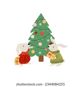 Cute animals illustration in vector. Funny composition of two rabbits in a sweater decorate the Christmas tree. Perfect for Christmas and New Year card
