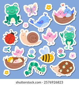 Cute animals and insects stickers set with flower, bird, insect, frog, snail, bee, caterpillar, hedgehog, ladybug. Vector spring illustration for kids sticker kit, scrapbooking, greeting card, poster