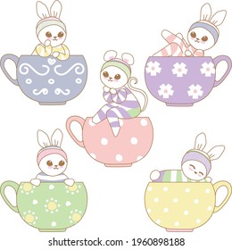 Cute animals into tea cups. Sweet colors.