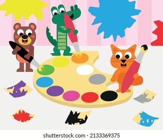 Cute animals introduce  colors with brushes in their hands