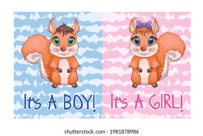 Cute animals at the invitation of a baby shower, a boy and a girl. Cute cartoon squirrel with beautiful eyes.