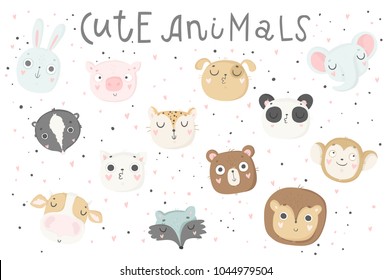 Cute animals isolated illustration for children. Vector image. Perfect for nursery posters, patterns, party invitation, cards, tags etc