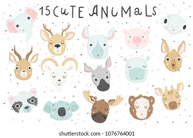 Cute animals isolated illustration for children. Vector image. Perfect for nursery posters, patterns, party invitation, cards, tags etc