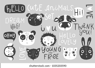 Cute animals isolated illustration and lettering for children. Vector image. Perfect for nursery posters, patterns, party invitation, cards, tags etc