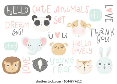 Cute animals isolated illustration and lettering for children. Vector image. Perfect for nursery posters, patterns, party invitation, cards, tags etc