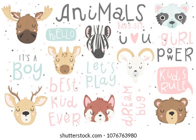 Cute animals isolated illustration and lettering for children. Vector image. Perfect for nursery posters, patterns, party invitation, cards, tags etc