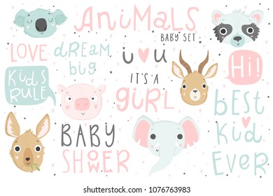 Cute animals isolated illustration and lettering for children. Vector image. Perfect for nursery posters, patterns, party invitation, cards, tags etc