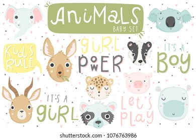 Cute animals isolated illustration and lettering for children. Vector image. Perfect for nursery posters, patterns, party invitation, cards, tags etc