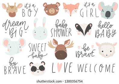 Cute animals isolated illustration and lettering for children. Vector image. Perfect for nursery posters, patterns, party invitation, cards, tags, sticker or pinsetc
