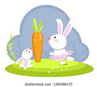 Cute animals isolated on white background, vector illustration. Cute mom Bunny and baby Bunny with a carrot in the spring on Easter holiday, painted in cartoon style, vector illustration.