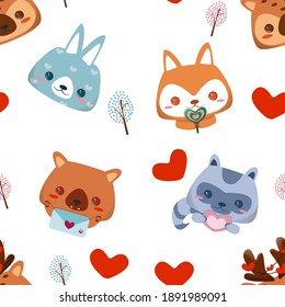 Cute animals isolated on white background. Cartoon animals with hearts for St. Valentine's Day. For postcards poster banner. Vector illustration