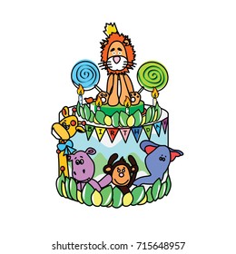 Cute animals jungle birthday cake with candles vector illustration