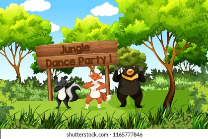 cute animals jungle dance party illustration