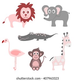 Cute animals of the jungle elephant, monkey, giraffe, lion, crocodile