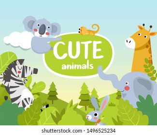 Cute animals. Animals of the jungle, frame. Template Poster with zoo animals. Cute jungle animals cartoon illustration.