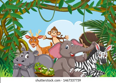 Cute animals in jungle illustration