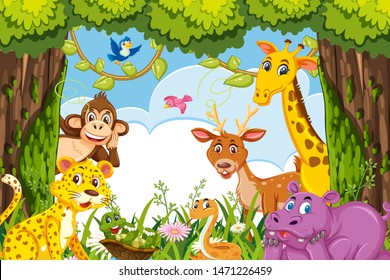 Cute animals in jungle illustration