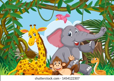 Cute animals in jungle scene illustration