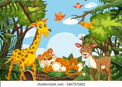 Cute animals in jungle scene illustration