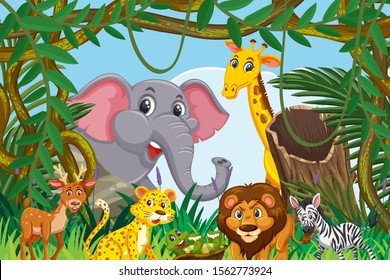 Cute animals in jungle scene illustration