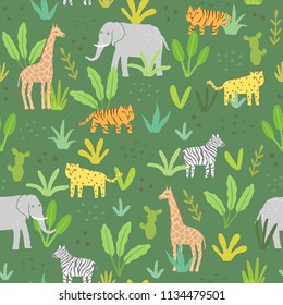 Cute animals in a jungle. Vector seamless pattern