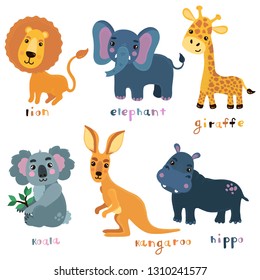 Cute animals kangaroo, elephant, koala, lion, hippo, giraffe colorful childish simple characters vector set