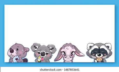 Cute animals kawaii characters vector frame. Anime baby koala, donkey, raccoon eating cookie, beaver emoji isolated square border with text space. Kids book illustration, poster design element