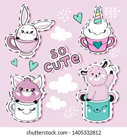 Cute animals kawaii in cups lamb, cat, hare on a pink background