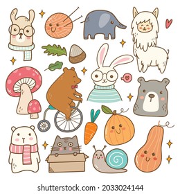 Animales Cute Kawaii Doodle Set Vector Ilustración