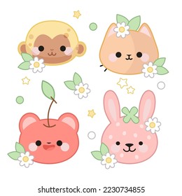 Cute animals in kawaii style. Cherry-bear. Bunny-strawberry. Peach-cat. Banana-monkey. Flowers, leaves, dots, stars. 