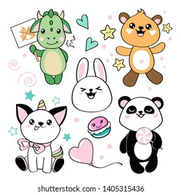 Cute animals in kawaii style collection on a white background. Caticorn, bunny, dragon, panda and bear