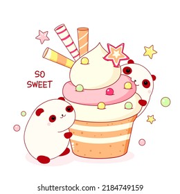 Cute animals in kawaii style. Two funny fat pandas with cupcake. Inscription So sweet. Can be used for t-shirt print, stickers, greeting card design. Vector illustration EPS8