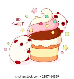 Cute animals in kawaii style. Two funny fat pandas with cupcake. Inscription So sweet. Can be used for t-shirt print, stickers, greeting card design. Vector illustration EPS8