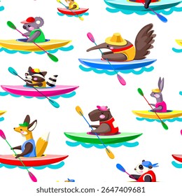 Cute Animals in Kayaks Seamless Pattern. Summer Hobby and Modern Sport Concept. Hand-drawn Kids Illustration, Non-AI