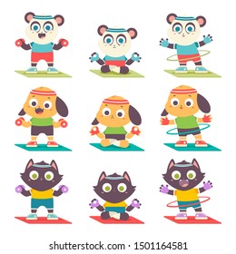 Cute animals kid doing yoga and fitness exercise. Funny cartoon characters vector set isolated on a white background.