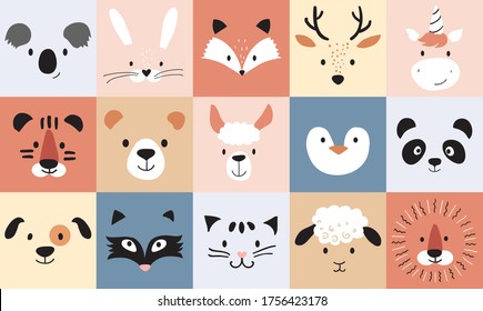 Cute animals for kids and baby, nursery poster for baby room, greeting cards, childish seamless pattern. Hand drawn Scandinavian style, vector illustration.