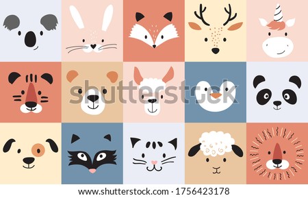 Cute animals for kids and baby, nursery poster for baby room, greeting cards, childish seamless pattern. Hand drawn Scandinavian style, vector illustration.