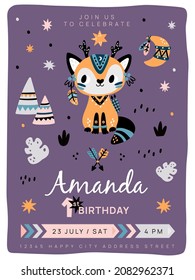 Cute animals. Kids birthday party invitation, funny horned cat, fantastic tribe creation, indian patterned woodland card, celebration childish poster, vector isolated