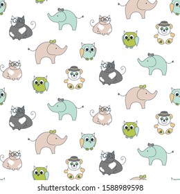 Cute animals kids seamless pattern. Child zoo background vector with elephant, owl, cat and bear.