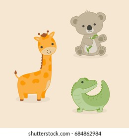 Cute animals, koala, giraffe and alligator crocodile