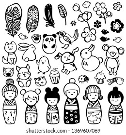 Cute animals, kokeshi dolls and more in the style of kodomo. Miniatures for design.