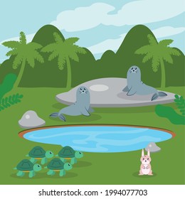 cute animals in lake scene