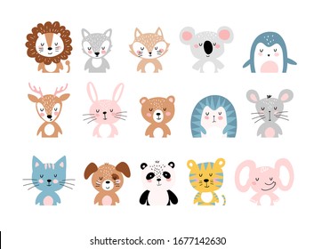 Cute animals, a large set of simple colorful cartoon characters for children. Wild, tropical, forest animals. Vector illustration isolated on a white background