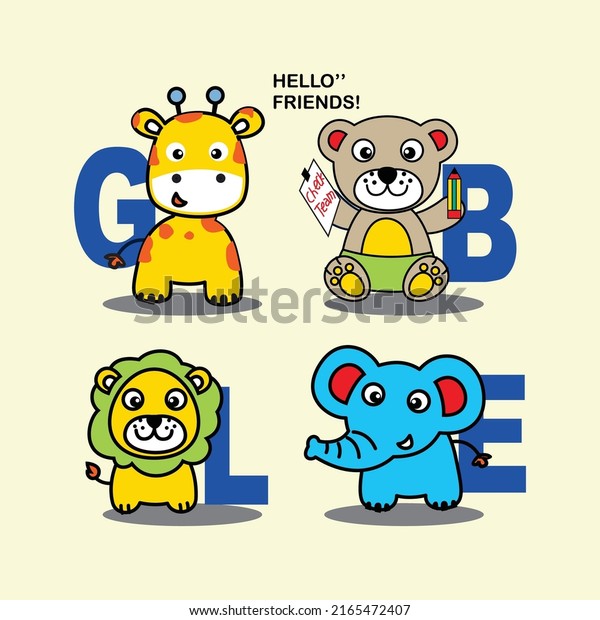 cute animals with letter design cartoon vector\
illustration for kid t\
shirt